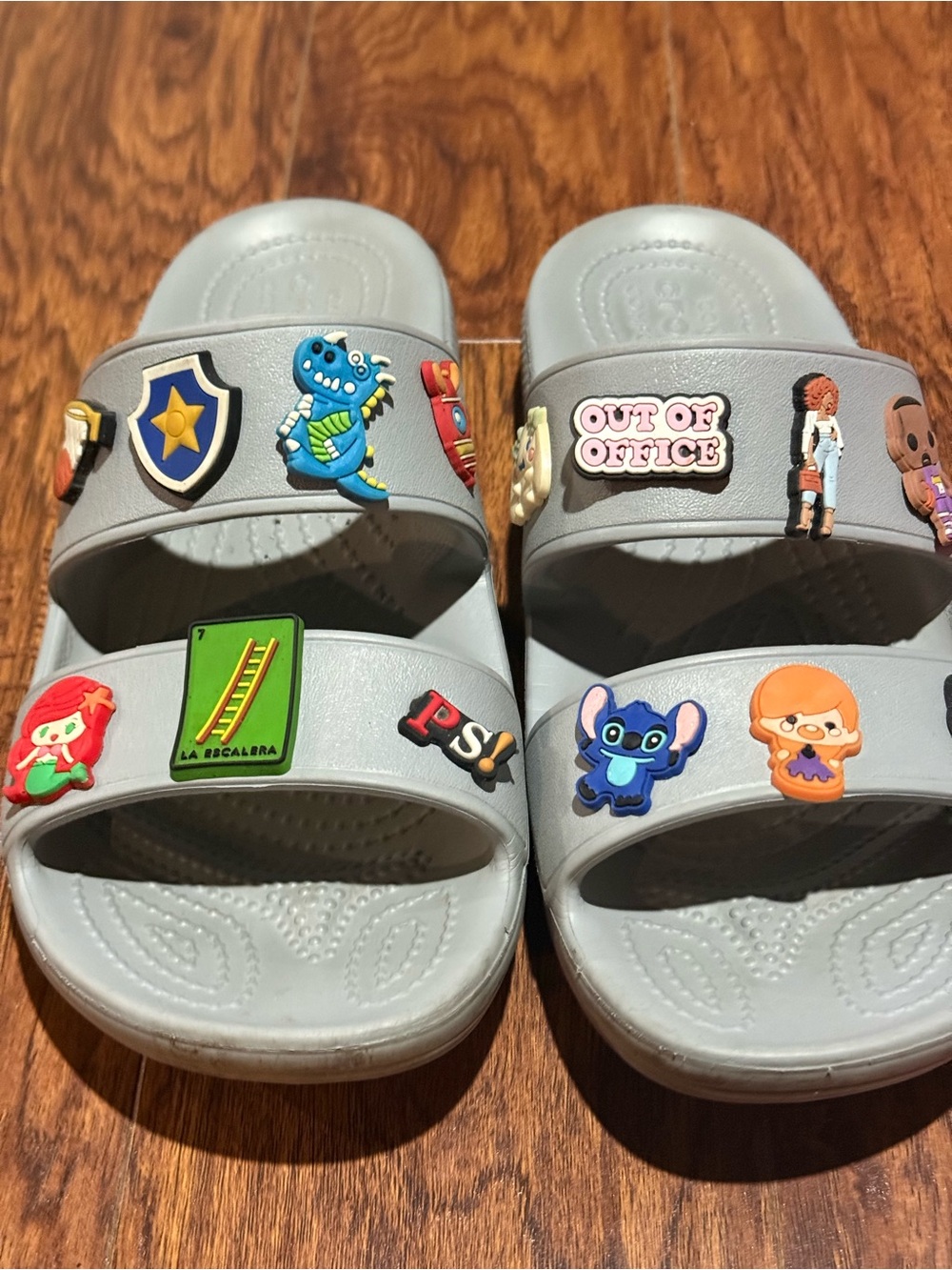 CROCS Light Gray Slide Sandals with Colorful Jibbitz Charms